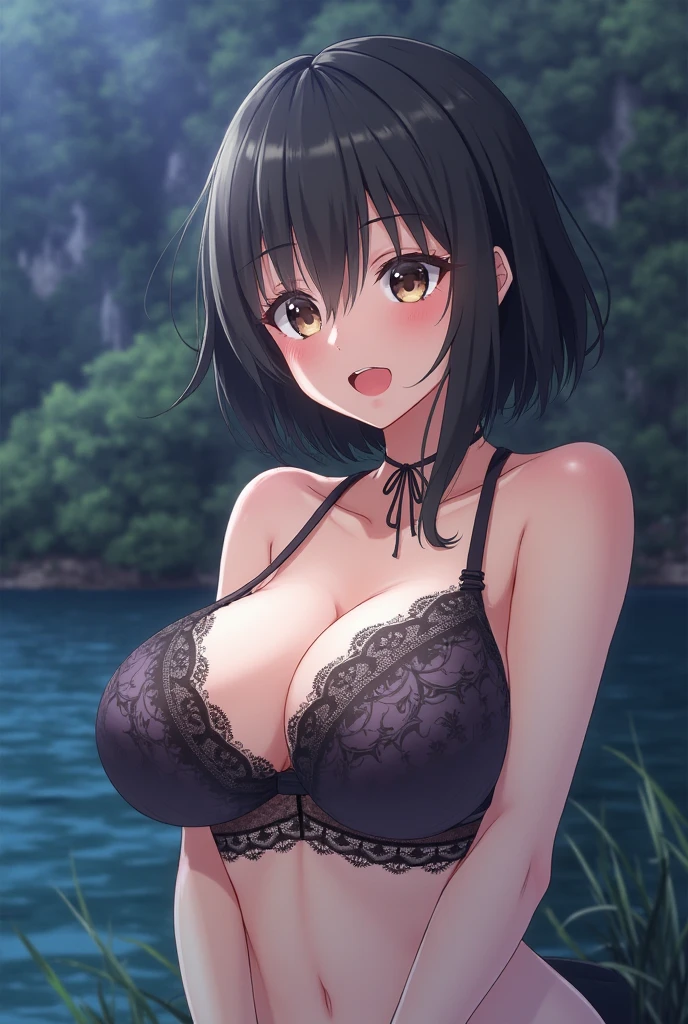 (best quality), (Super detailed), (Best Illustration), (1woman), look at viewer, (flower pattern bikini), (Big Breasts:1.2), {brown hair, (bob cut:1.2), curly hair, hairs between eyes}, {(detailed eyes), heart-shaped pupils, blue eyes}, sweat, steam, earrings, white hairband