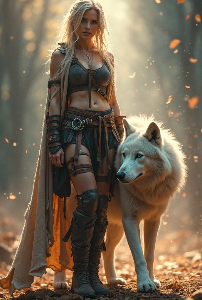 Beautiful female barbarian kitsune, very beautiful and exotic tanned skin sitting facing the camera, her legs wide open, her pussy visible, slim, very muscular, curvy, super big breasts, holding a huge spear with a fiery red blade, wild long silver hair, shining golden eyes , expression ((mouth gaping in pain)),  splattering and dripping, huge aura of anger, there is a huge white wolf beside him,  splattering all over the wolf and mouth, scars on the wolf's face, burning village in the background.