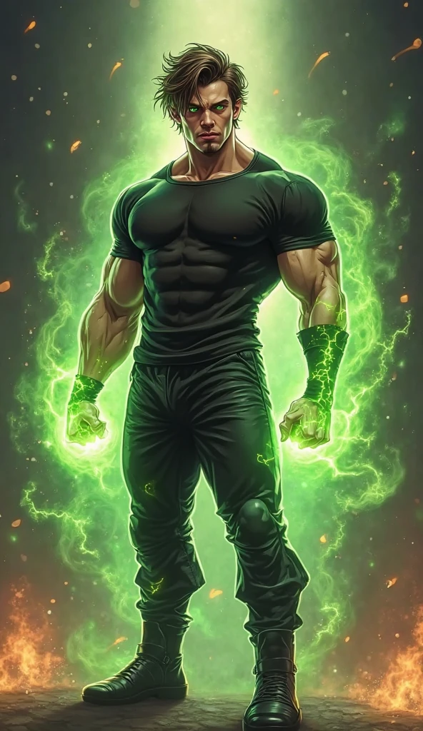 Male. Attractive zombie with glowing green eyes. Tall, slender, muscular build. White hair styled in a short hairstyle. Dressed in casual attire.