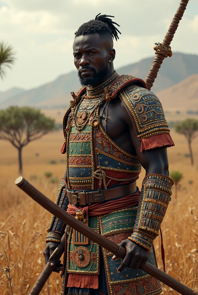 fking_scifi, fking_scifi_v2, portrait of a young, muscular very handsome and attractive African warrior man, in front of an African village, rich colorful clothes and golden african jewelry, close up, regal pose and attitude. fking_cinema_v2.
