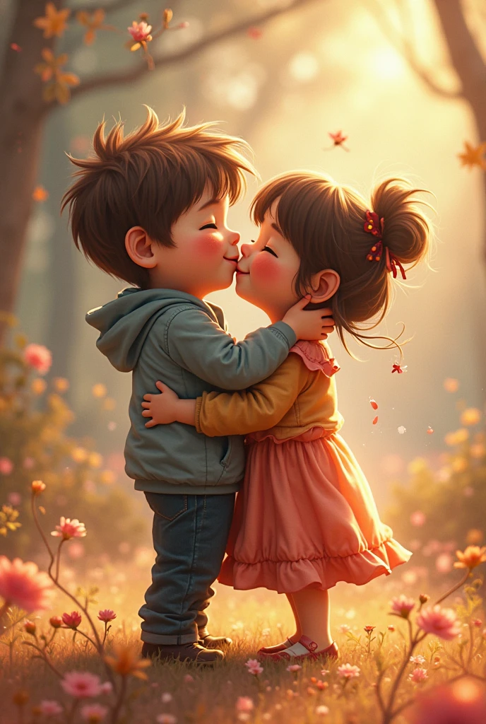 Generate a tall, slightly fat boy next to a more realistic, small girl, and they are hugging each other And the child is fatter 