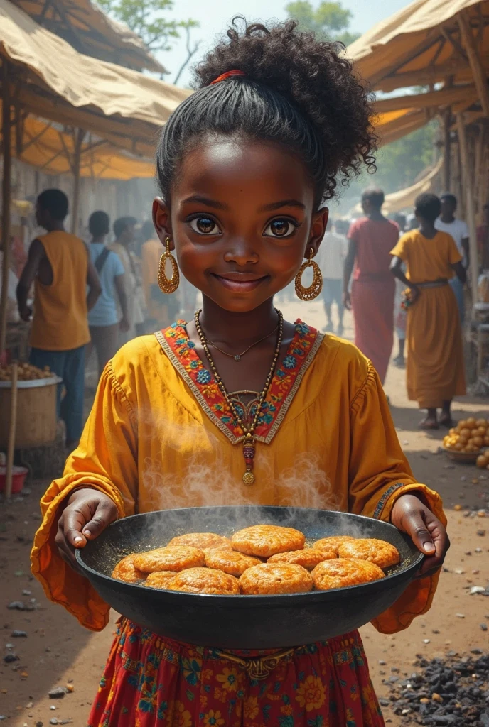 an african girl selling samoosa in market place