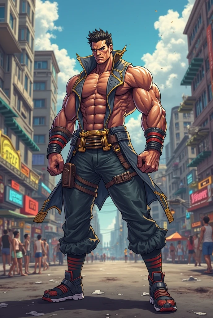 1male, tan skin, black hair, short spiked hair, black beard, tribal arm tattoos, baggy tanktop, blank pants, arms crossing, expressionless, city background, detailed background, standing on path