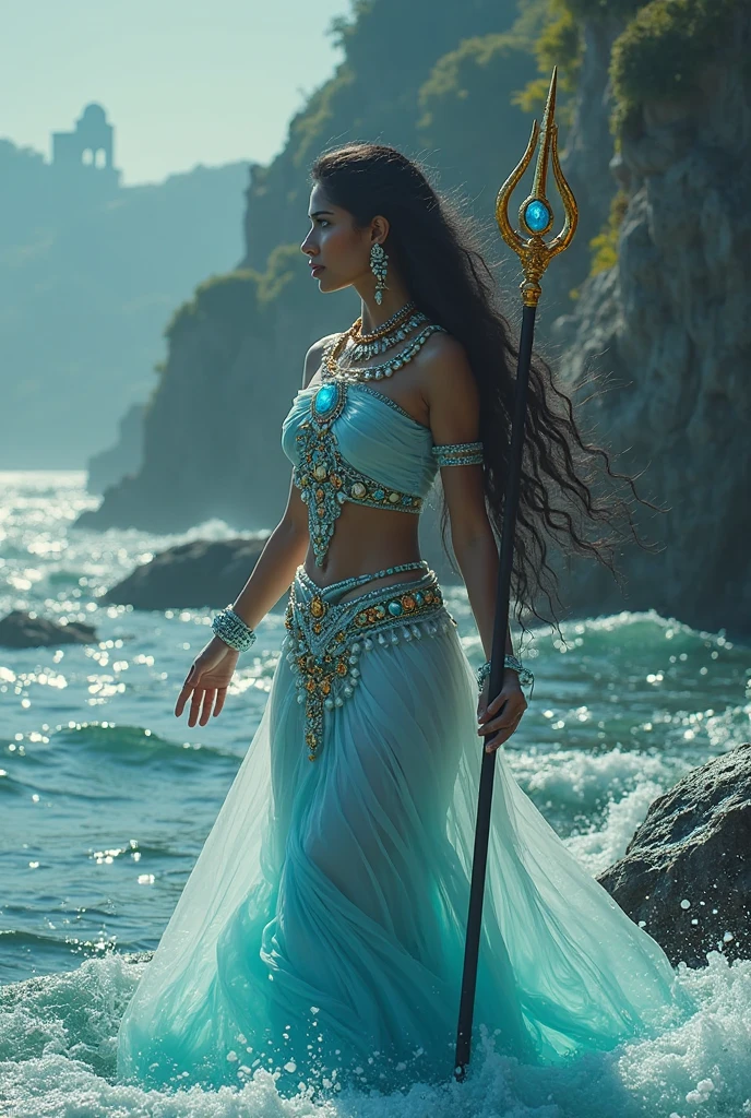 beautiful young lady (Jasmine "Aladdin"), (27 anos), vestido longo Azul turquesa, de corpo inteiro, rocher, Very realistic waterfall, coucher du soleil, fleurs