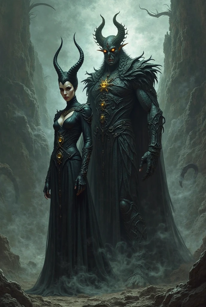A dark, symbolic scene depicting a man and woman influenced by the Jezebel spirit. The man has a cold, controlling expression, with shadows and serpents coiling around him. His eyes faintly glow with a manipulative light. The woman, dressed in sinister, regal attire, has a haughty, cunning look, her eyes glowing red. Ghostly hands reach from the shadows around her, symbolizing control. Both figures emanate an eerie glow, set against a stormy, lightning-filled sky, representing their spiritual co