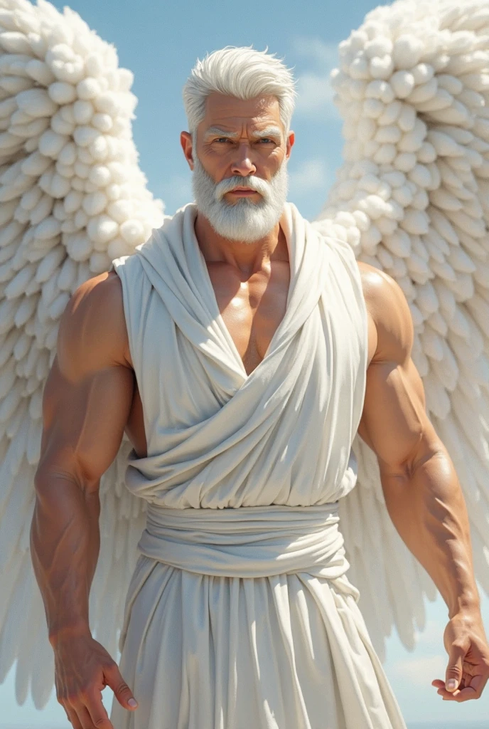 mature old arafed man, grandpa, virile, tough, rotund, muscular, bulging, scruffy, hairy, fuzzy white bodyhair, pale skin, massive feet, clear eyes, pervert, sweaty, smelly, intricate details full body, rpg fantasy, vivid colors, particle effect, halo, angel wings