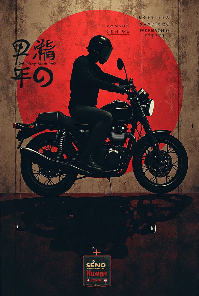 a black and white photo of a man wearing a motorcycle helmet with japanese writing on the back, solo, simple background, 1boy, white background, jacket, monochrome, upper body, greyscale, male focus, helmet, clothes writing, skull, skeleton, japanese flag