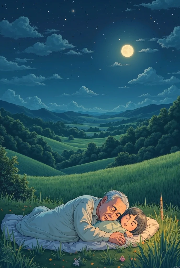 A boy sleeping with their grandfather on terrace midnight