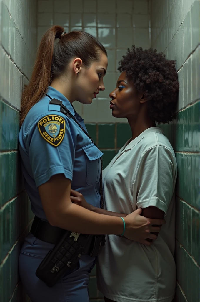 Photorealistic, high resolution, 4K, UHD, a tall 50 years old white police woman, a small 18 years old black girl in orange prisoner jumpsuit, kissing each other, young and old, prisoner showing nude breasts, prison setting, many female prisoners in background 