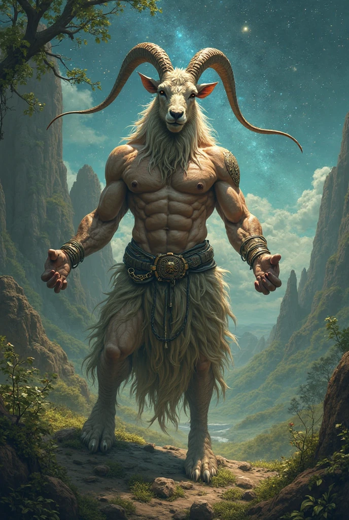 A muscular goat wearing a muscular crown and dressed like a god, stepping on two pennants, one green and the other red.