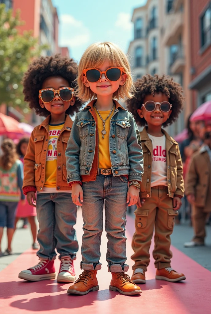 BOYS Russian children with 10 years, loiro cabelos compridos, PORTRAIT, OCULOS ESCUROS,  JAQUETA PRETA E ROUPA PRETA, FUNDO AMARELO.