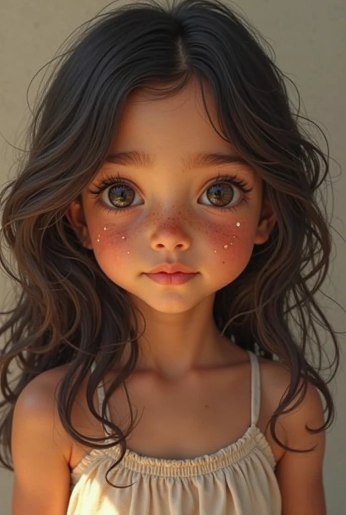 3 year old girl Long black curly hair Black eyes Medium nose Brunette Thin lips Very small ears