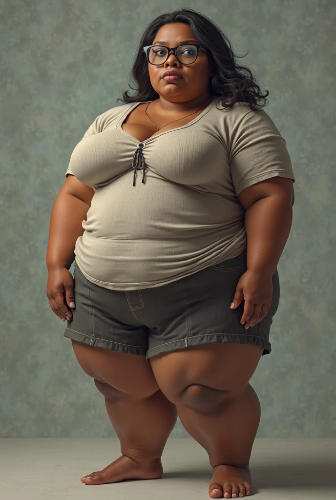 restrained, shackles, (fat body type:1.7) , pot belly,(gigantic breasts:1.5), elementary school student, Huge nipples,I have a phallic root growing out of my crotch.(elementary school student:1.6), black skin,