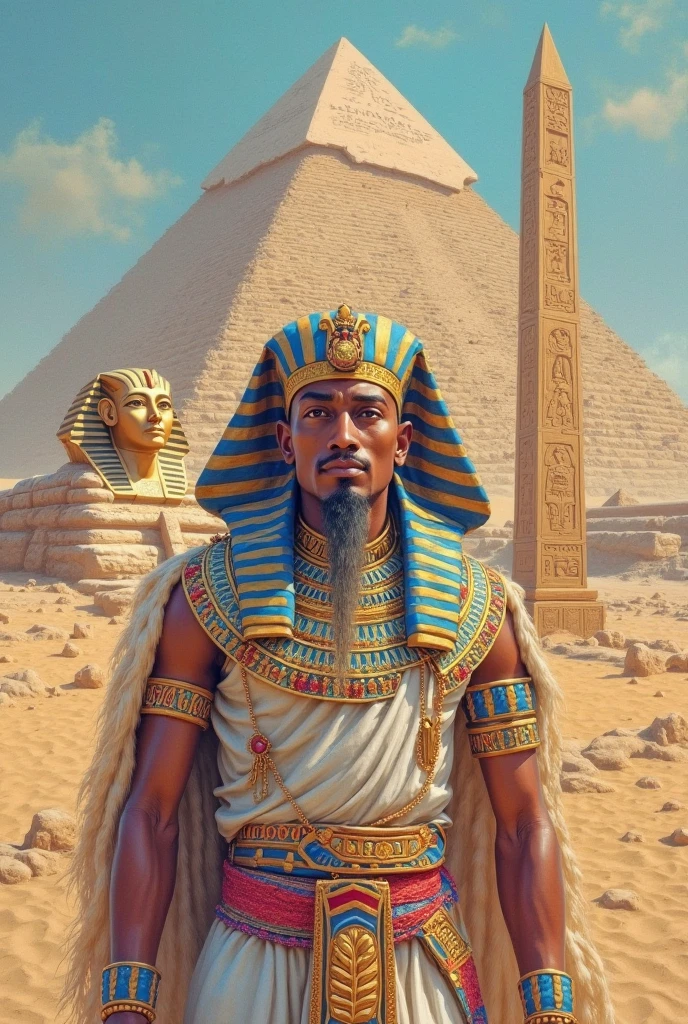 oil painting, Egyptian pharaoh in the foreground and Egyptian priest in the background, dressed in a dark robe, which covers his head, with a serious expression on his face.