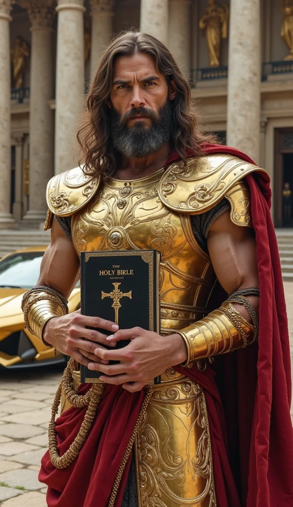 the realistic photo 4k In the centre of the shield is Hercules, a Greek mythological figure, who is standing and dressed in a lion skin covering his shoulders and another lion skin as a loincloth. Hercules is standing in a dominant posture, with his right hand on the head of a lion on his right side (left in the image), and his left hand on another lion on his left side (right in the image). The lions are standing and looking forward, with a fierce expression. They are located one on each side of Hercules. Above Hercules and the lions, there is a green, white and green arch, which bears the inscription in gold letters "DOMINATOR HERCULES FUNDATOR". Below this scene, at the bottom of the shield, there is a band with the inscription "ANDALUCIA BY ITSELF, POR LOS PUEBLOS Y LA HUMANIDAD" in gold letters on a background of horizontal green-white stripes. The border of the band is gold and has an ornamental design in the corners. The shield as a whole has a heraldic style, with predominantly green, white, gold and brown colors.