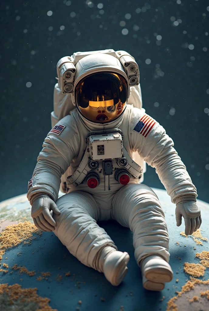 An astronaut in a spacesuit holding balloons in cosmic space