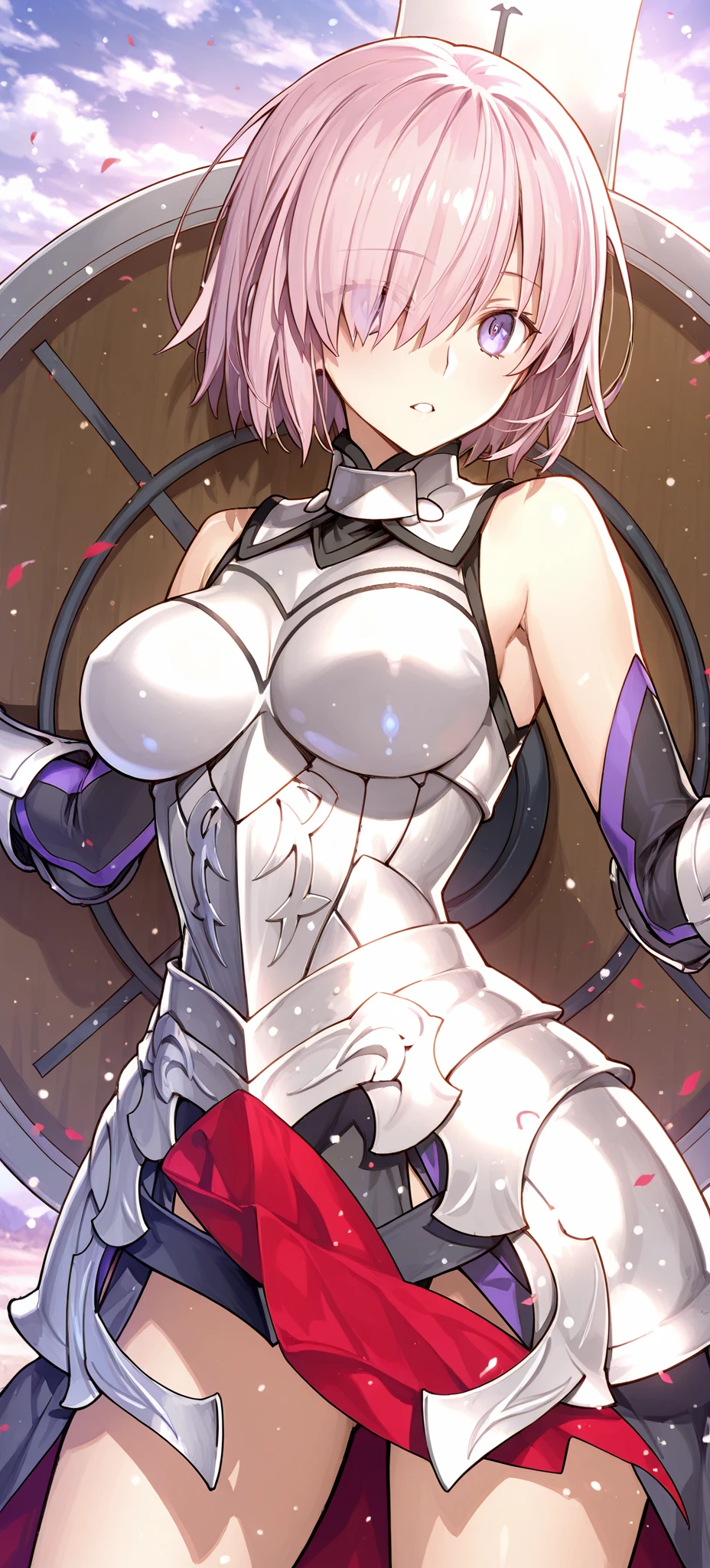 Pink translucent,Arm mecha,Short pink hair,Curly hairstyle,Huge breasts,cleavage,Half body wearing benzene heavy mecha,Sexy,lipstick,Green eyes,Smile,earrings,Nipple showing,Sunlight,Battleship bridge