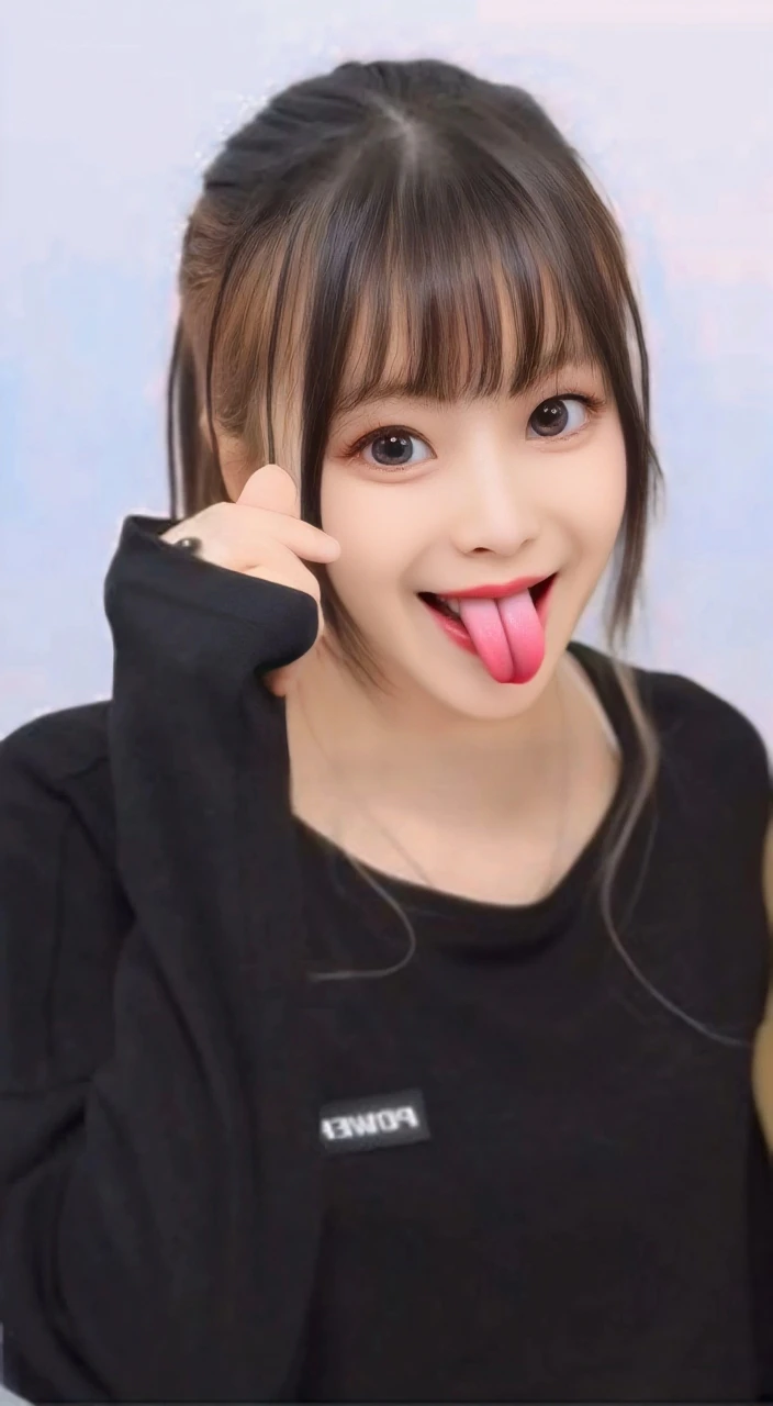 (((upper body shot))),((nude)),((nipples)),Ultra-high resolution,big eyes,smile,(open mouth with tongue),((tongue out)),Japanese,bangs,(a girl),(1 girl),((18-year-old)),((cute)),pretty,eyes closed,earring
