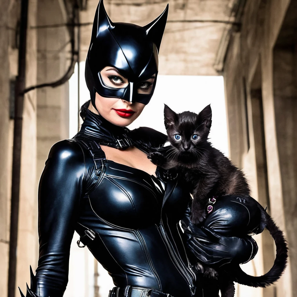 <lora:Catwoman1992V2:0.9> catwoman1992v2, full body,  a woman wears a mask with animal ears and a latex bodysuit. She lays on a bed with cats