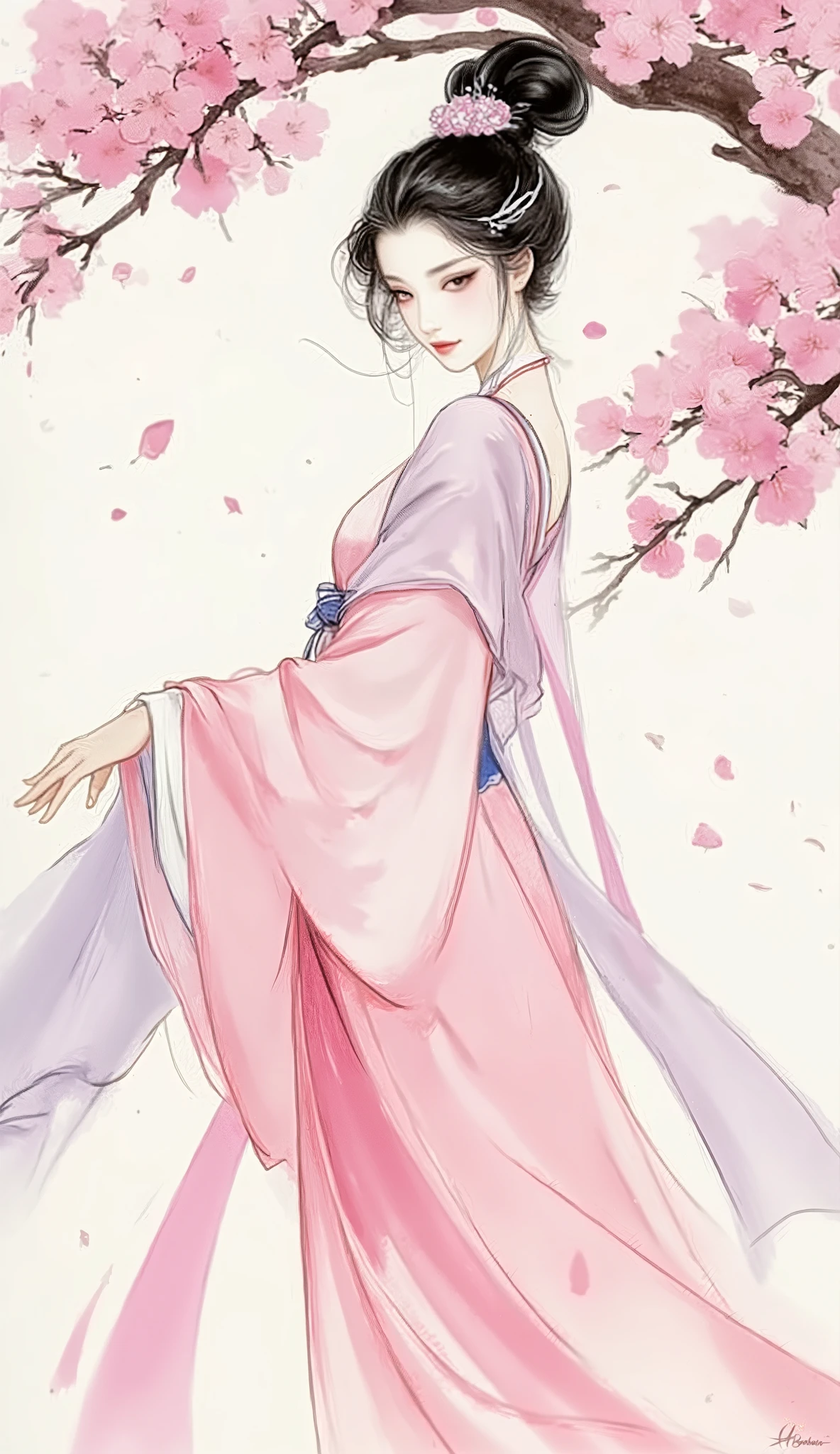 masterpiece, best quality, high detail, cinematic lighting, gufeng style, A breathtakingly beautiful young Chinese woman, an ethereal beauty with an elegant face, perfect facial features, flawless smooth skin and luminous clear eyes. She has medium-length black hair with a single white streak in her long, side-swept bangs, adorned with a delicate flower-shaped hairpin. Dressed in an exquisite two-piece Chinese fantasy wuxia style silk costume, a light pink shawl, a light-colored silk belt, and a flowing long skirt. She is walking gracefully under a blooming plum blossom tree, with dreamy, swirling petals dancing in the air around her. a mature and exquisite character illustration, fantasy art, dynamic composition, perfect anatomy, perfect hands, five fingers.