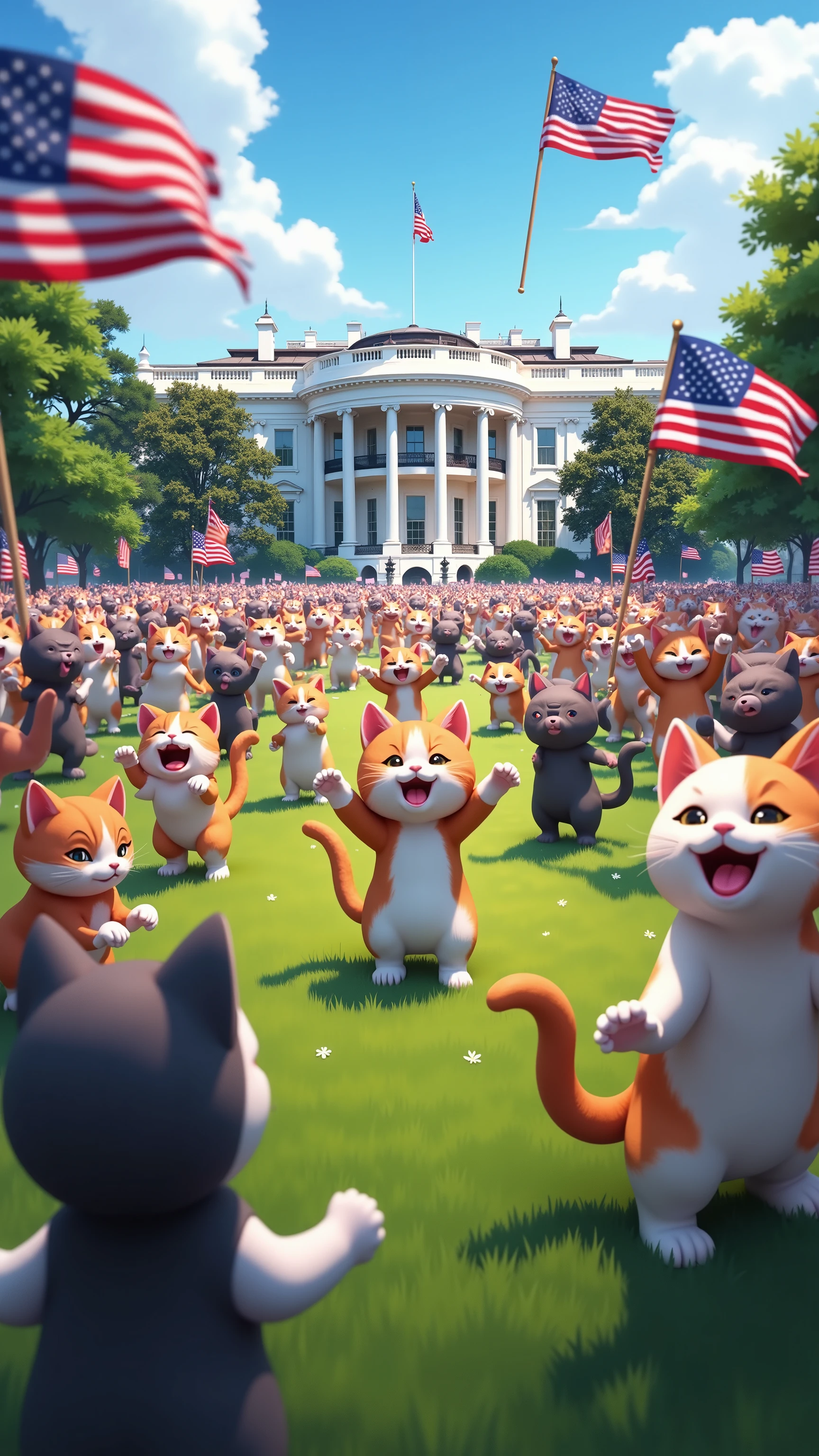 highdefinition image、America、Washington DC、There are surprisingly many cat girls all over the green lawn in front of the White House waving the American flag