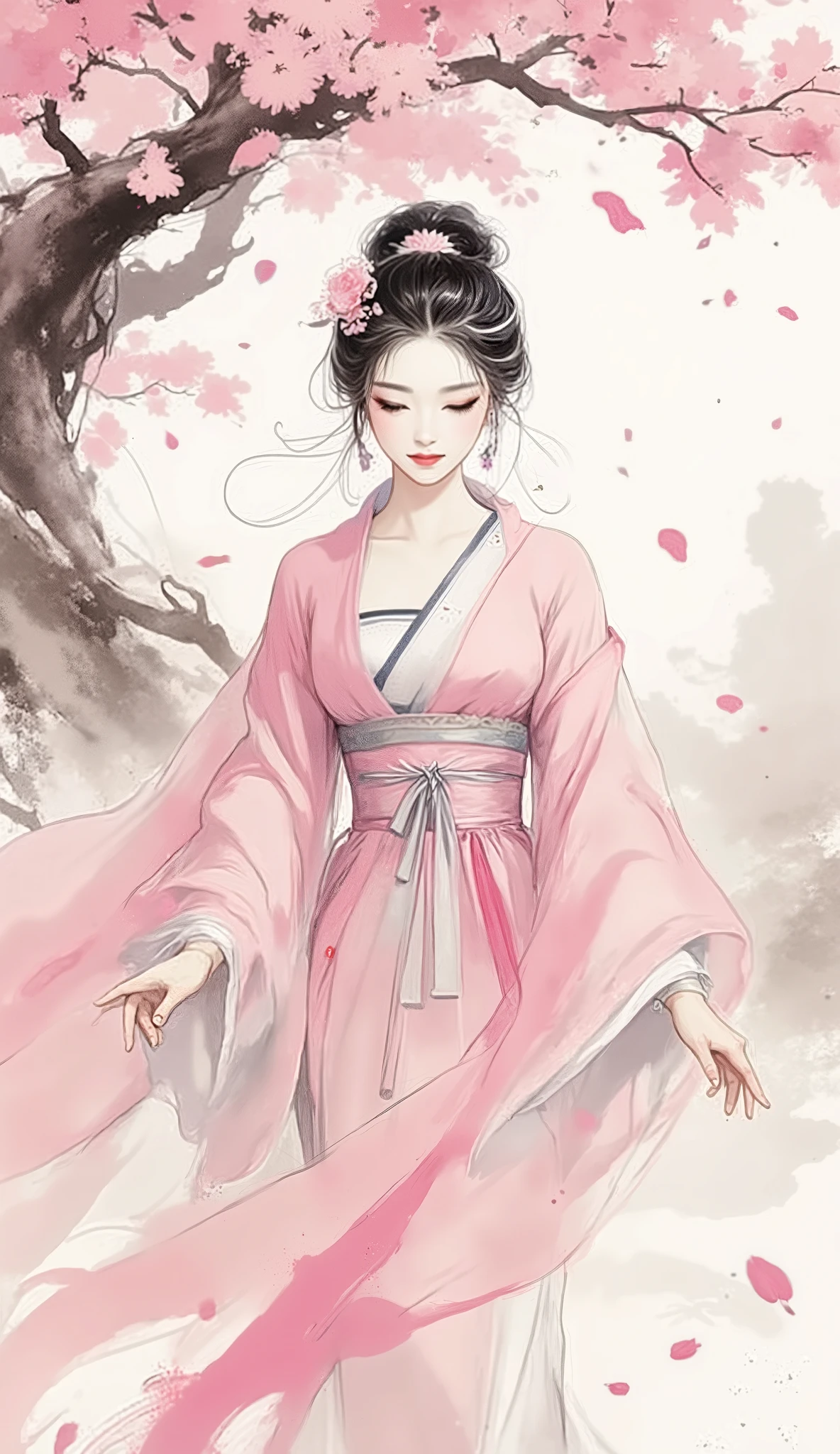 masterpiece, best quality, high detail, cinematic lighting, gufeng style, A breathtakingly beautiful young Chinese woman, an ethereal beauty with an elegant face, perfect facial features, flawless smooth skin and luminous clear eyes. She has medium-length black hair with a single white streak in her long, side-swept bangs, adorned with a delicate flower-shaped hairpin. Dressed in an exquisite two-piece Chinese fantasy wuxia style silk costume, a light pink shawl, a light-colored silk belt, and a flowing long skirt. She is walking gracefully under a blooming plum blossom tree, with dreamy, swirling petals dancing in the air around her. a mature and exquisite character illustration, fantasy art, dynamic composition, perfect anatomy, perfect hands, five fingers.