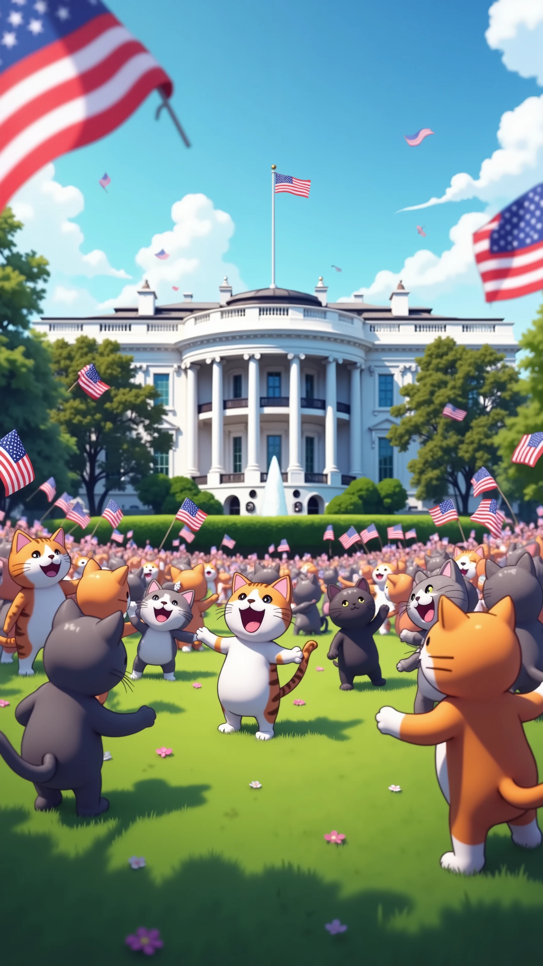 highdefinition image、America、Washington DC、There are surprisingly many cat girls all over the green lawn in front of the White House waving the American flag