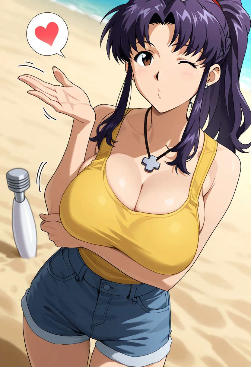 (masterpiece, best quality:1.2), extremely detailed, detailed hair, intricate details, finely detailed, [[soft lighting, volumetric lighting]], 1girl, (solo:1.2), looking at viewer, close-up ,open hands, , thick thighs, wide hips, large breasts, (camisole, bracelet, dolphin shorts, striped kneehighs, converse), , (alternate hairstyle , mullet , hair pulled back, grey ,colored tips), smirk , sweat,, blush ,freckles, , blush, , (beach ), <lora:JLullabyV2.5LOL:1>
