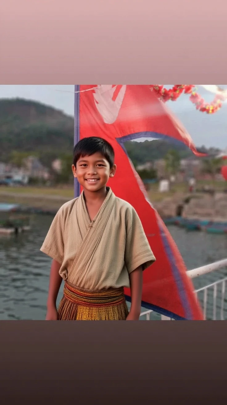 Create a vivid and heartwarming image of a young boy holding the Indonesian flag. The boy is around 7 years old, with short black hair and a bright, innocent smile on his face. He is wearing a traditional Indonesian outfit, complete with a batik shirt and comfortable, loose pants. The boy stands proudly, holding the red and white flag of Indonesia high above his head with both hands. The flag flutters gracefully in the wind, showcasing its vibrant colors.
The background should depict a serene and beautiful Indonesian landscape, with lush greenery, perhaps a glimpse of a rice field or a traditional village setting under a clear blue sky. The sunlight bathes the scene in a warm, golden glow, enhancing the feeling of national pride and joy. Capture the essence of Indonesian culture and the spirit of independence through this heartwarming and detailed portrayal.