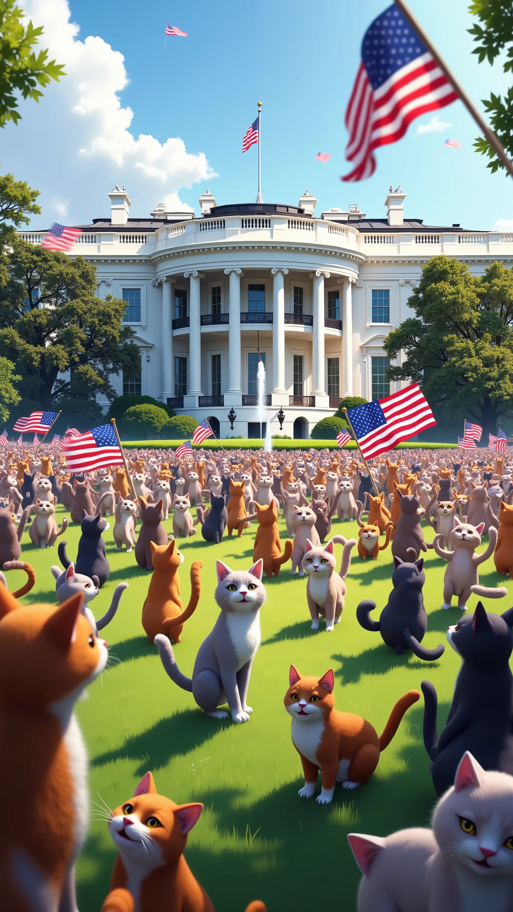 highdefinition image、America、Washington DC、There are surprisingly many cat girls all over the green lawn in front of the White House waving the American flag