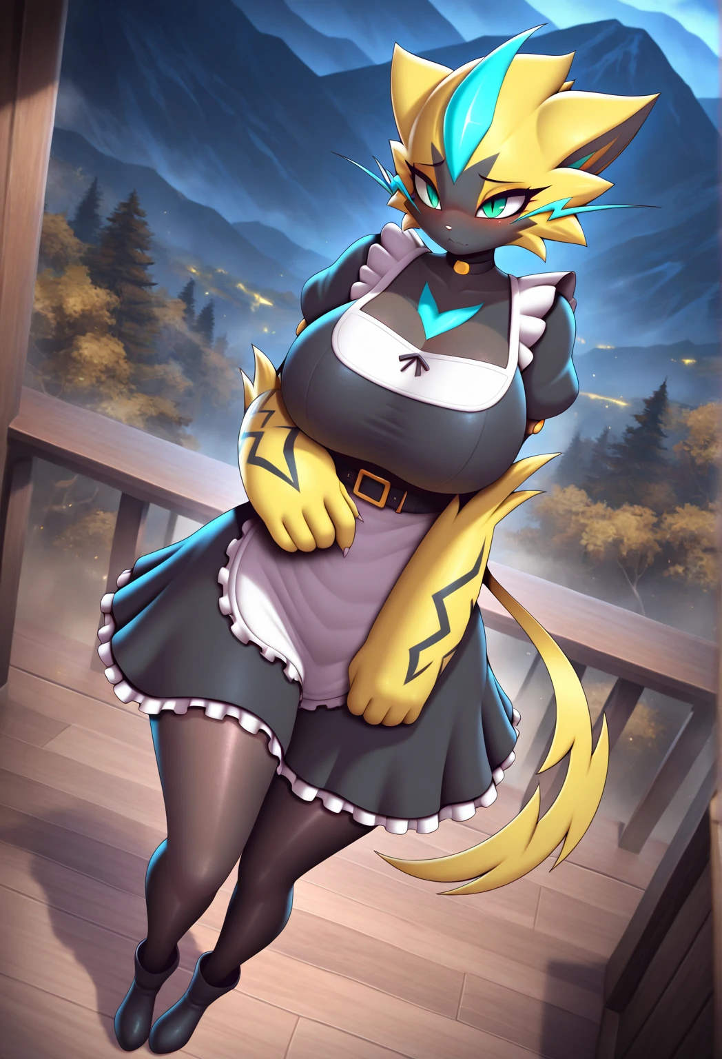 masterpiece,best quality,1girl,solo,piratetawna,two-tone hair,ear piercing,detailed eyes,furry,short hair,green eyes, short jacket,cleavage,crossed arms,looking at viewer,smile,forest,cartoon style, cute, (breast:1.4) full body picture, thick thighs, camel toe