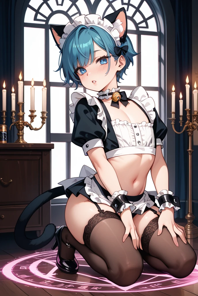 Intricate details: "((a sexy animated lady poses in revealing translucent clothes while in fire-lit fantasy setting, firm breasts, 1girl 18 years old, 100% see through all clothes, animal ears, short hair, see through panties, flat stomach, black panties, 100% see through all underwear, cat ears, looking at viewer, thighhighs, cleavage, corset, blue hair, string panties, 70% nude, random low angle))"