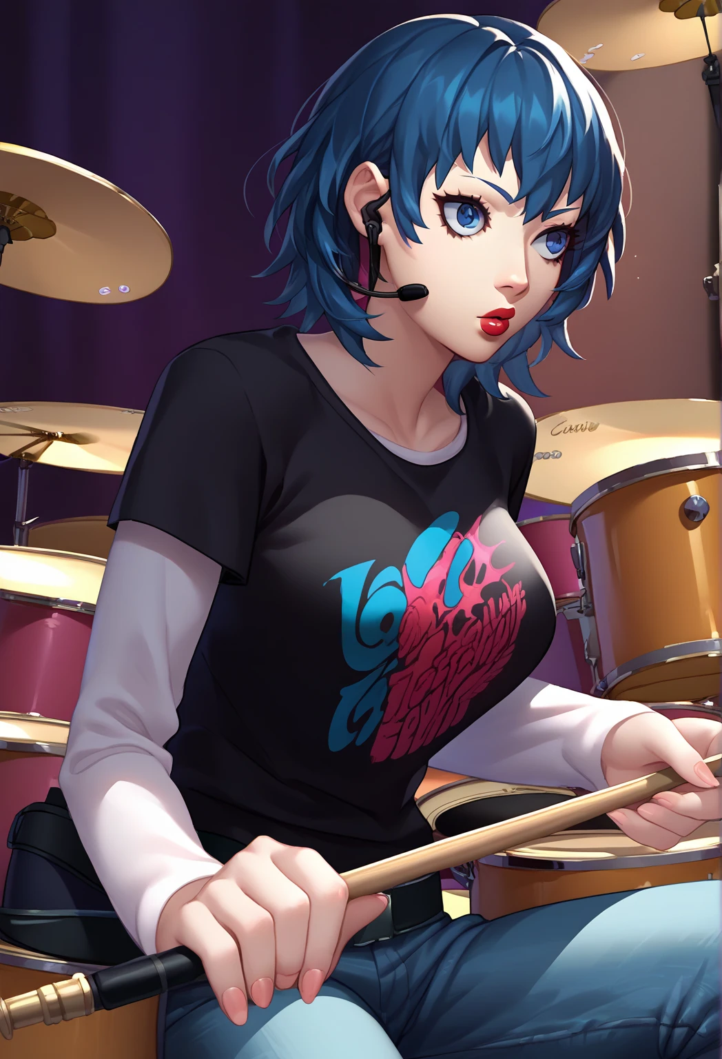 Punk girl, short physical stature, short hair, dark blue hair, musical instrument, drums, punk clothes, evil smile, girl playing the drums, sexy girl, torn clothes, punk clothes, drummer girl