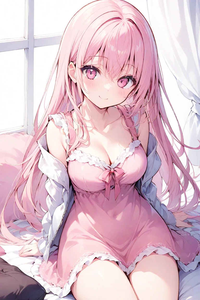 high quality、table top、1 girl、Only in underwear、pink lingerie、up close、blush、Kamimei、While looking at this、cute anime illustration、perfect hands