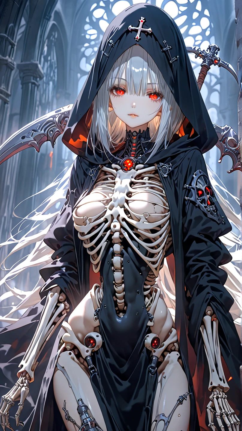 white and red and black theme, evil smile, <lora:zs_Izanamip4:1> izanamidef, white robe, grey hair <lora:bones carving:0.4> bones carving skin, bones, pale skin, red bone hair ornament, monster girl, red skeleton,, ultra detailed, masterpiece, best quality,