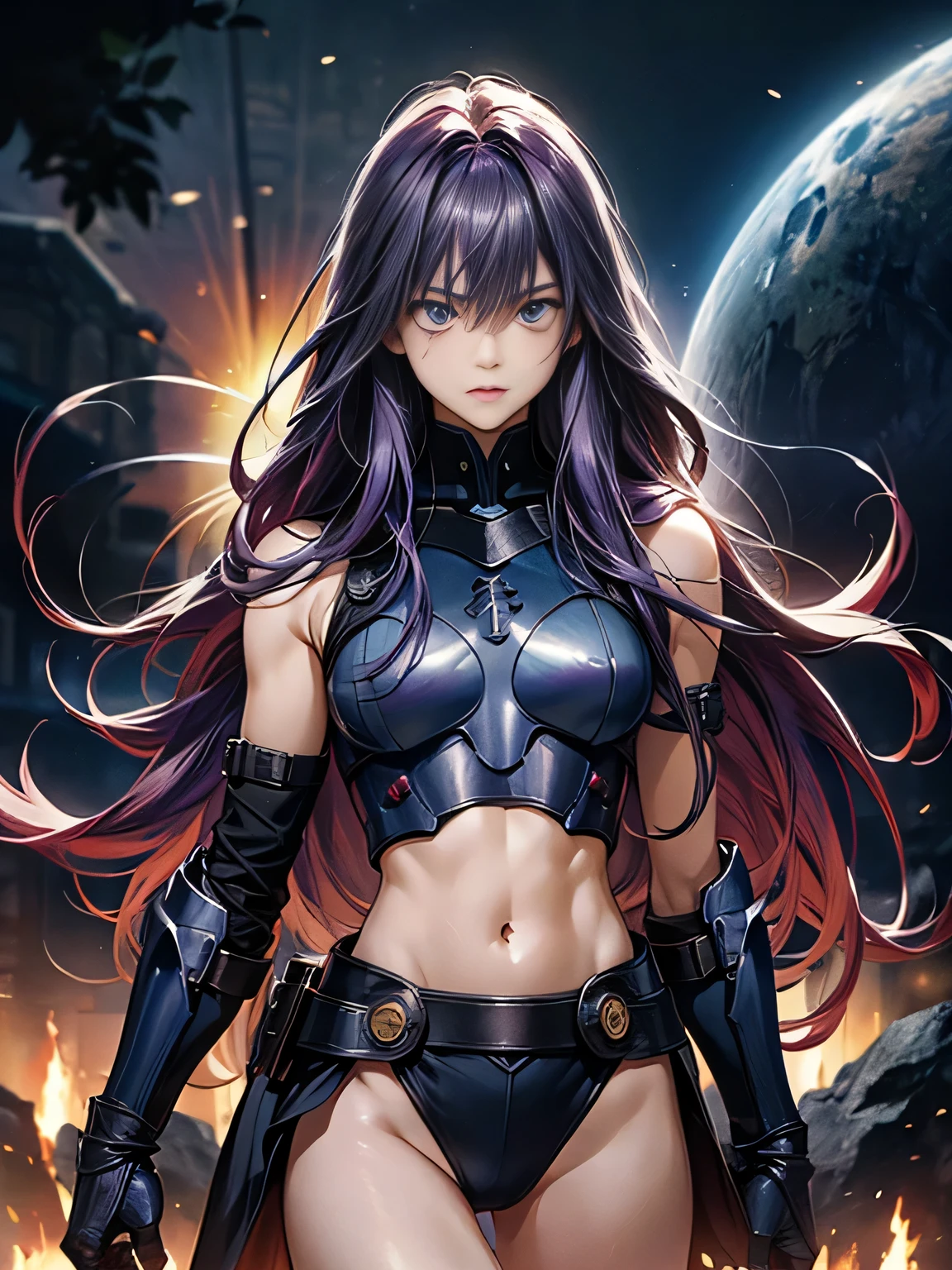 photorealistic、realistic Japanese anime、Captured by mutant、mutants captured by THANOS、facing front、beautiful woman with very long purple hair（Small breasts、sexy）、silver armor 1:5（sleeveless、breastplate、belly button out、thigh exposure）、、Tears overflow、scared、fight、being attacked by mutants:5、Many ferocious mutants 1:5、A mutant grabs her arm..　Attack of the Mutants 、 mutant grabs foot 、captured by chestnuts:5、darkness、Isekai for puzzles、dark fantasy、Pitch Black Hell