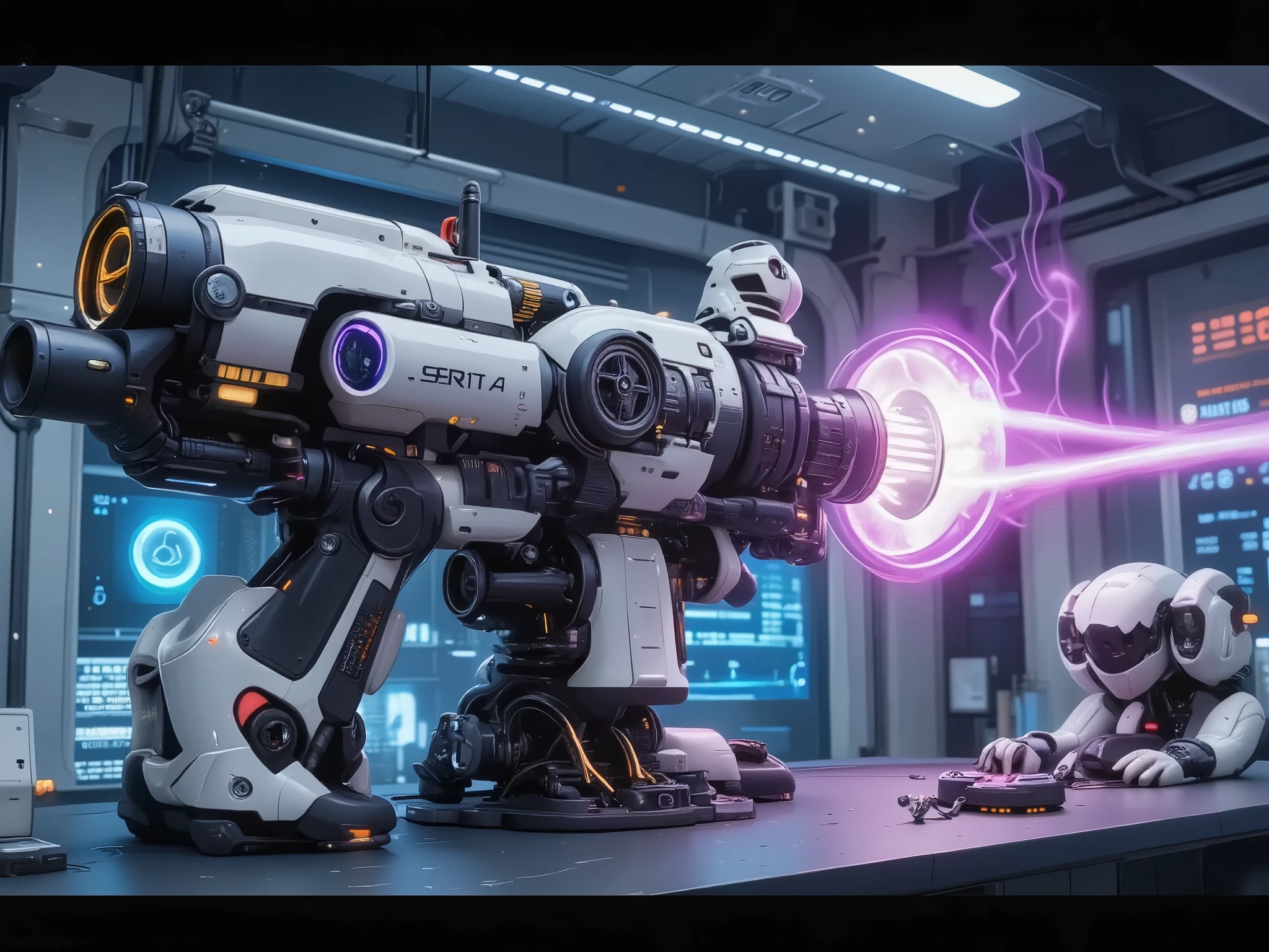 giant plasma launcher、purple energy outlet、 Complex Mechanics 、steam from cooling system、precise control panel、 The interior of a futuristic research facility、laboratory blue light、detailed technological details、sci-fi、Futuristic texture