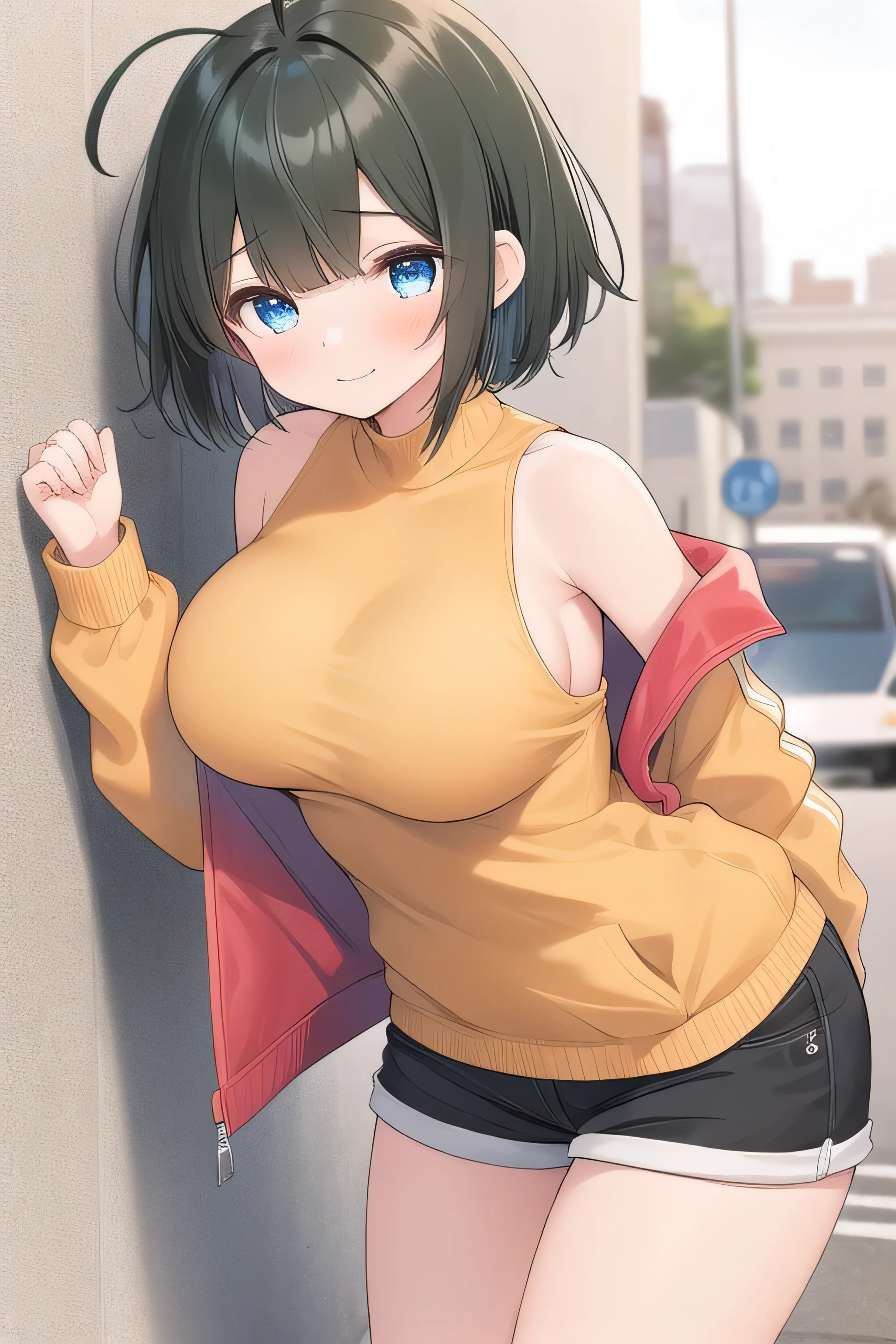 ((Masterpiece, Best Quality, 8k, best quality face, beautiful eyes)), ArnasAtakiyo, solo, smile, blue eyes, detailed background, brown hair, 1girl, solo focus, short hair, outside, genderbent(mtf), blushing, looking at viewer, (large breasts:1.4), upper body, closed mouth, naughty face, black hoodie, <lora:Arnas_Atakiyo_NEW:0.45>