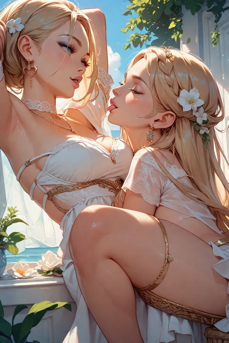 2 women, blonde very long hair, red eyes, wearing a sexy pink dress, side slit, ultrasharp, looking at the viewer, ((best quality)), ((masterpiece)), (detailed), perfect face, big breast, sexy body, sexy woman on top of her, hugged, An anime scene of two girls hugging and kissing intensely, with hearts and sparkles floating around them as they lie down on beach