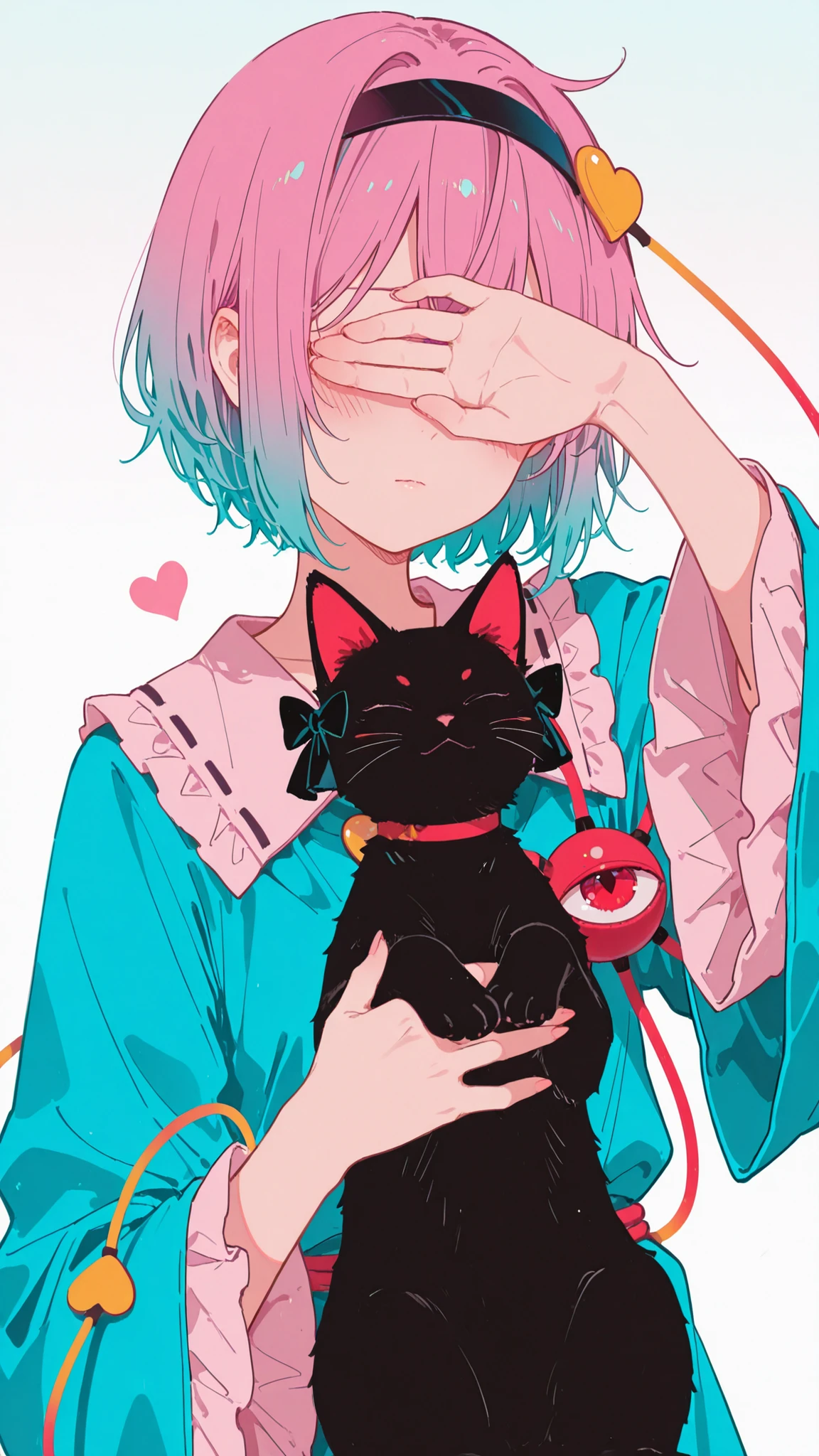 dark_light_style,artist:kazutake_hazano, artist:danimaru,[artist:ask_(askzy)], artist:wanke, artist:wlop, artist:fujiyama, artisit:yuyu_(yuyuworks)，artist:hiten_(hitenkei),atrisit:dishwasher1910,in style of  ran_(9ens2000), 
touhou, kaenbyou_rin, kaenbyou_rin_(cat) ,komeiji_satori, 1girl, animal,black_cat, blue_shirt ,blush, cat,Cat‘’s Paw covering_another's_eyes, covering_own_eyes ,from Cat‘s eye_poke, hairband ,heart ,pink_hair, poking, ribbon-trimmed_collar, ribbon_trim ,shirt ,short_hair ,wide_sleeves
simple_background,animal_focusgradient_background,   upper_body, white_background, 
,holding, holding_animal 