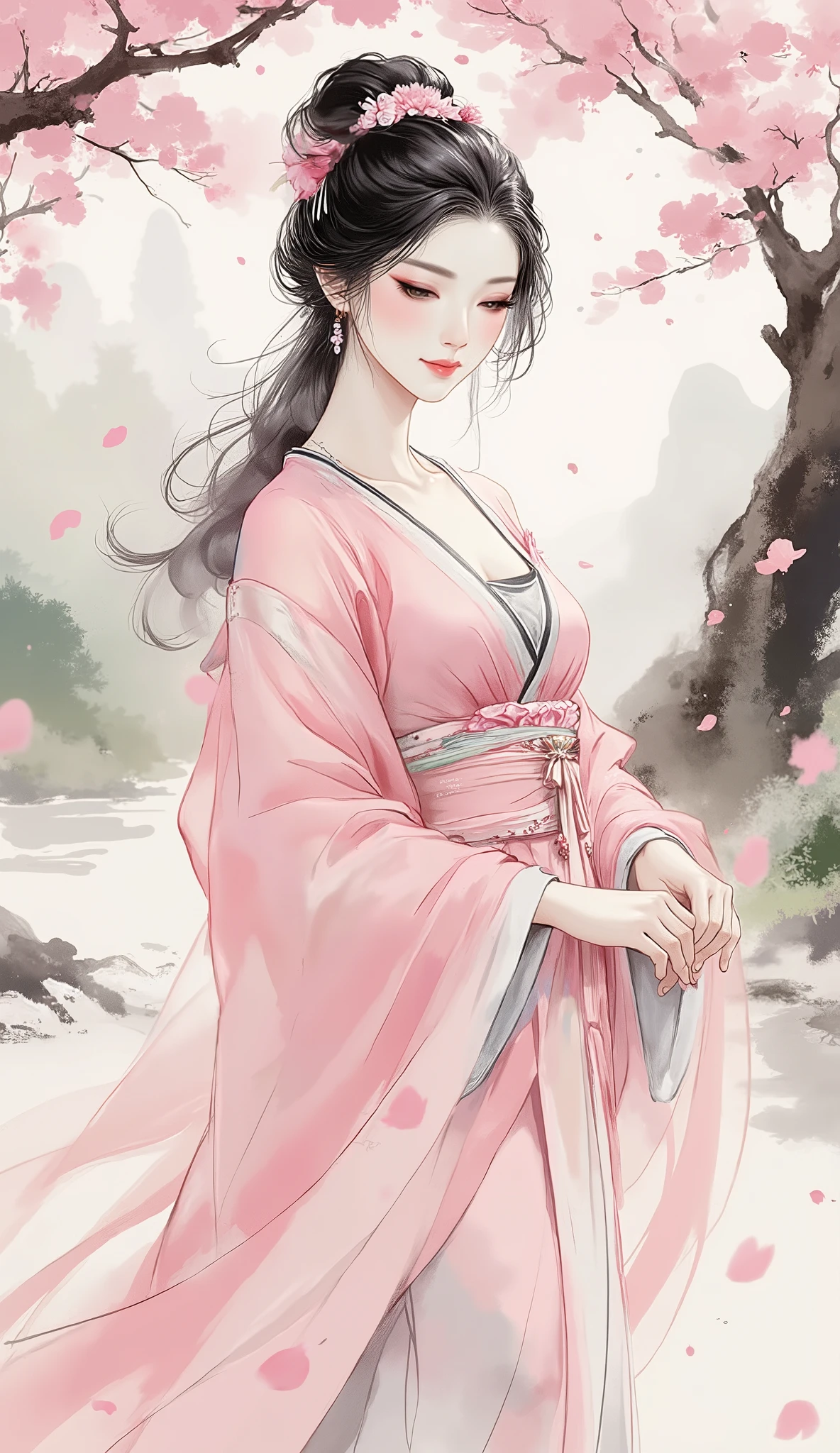 masterpiece, best quality, ultra-detailed, A breathtakingly beautiful young Chinese woman of peerless beauty, radiating an elegant and ethereal aura. She has exquisite and perfect facial features, a serene and graceful expression, captivatingly clear and luminous eyes, and flawless smooth skin. Her medium-length black hair features a single, elegant streak of white in her long, side-swept bangs, adorned with a delicate flower-shaped hairpin. She has a perfect, slender figure with perfect anatomy and perfect hands with five fingers. She is wearing an exquisite two-piece Chinese fantasy wuxia-style silk costume, comprised of a light pink flowing shawl and a graceful, long skirt fastened with a light-colored silk belt. The setting is a dreamlike scene where she is strolling gracefully beneath a blooming plum blossom tree, with a romantic flurry of delicate petals dancing in the air around her. The style is a blend of exquisite, mature character illustration and fantasy concept art, featuring cinematic lighting and hyper-detailed, intricate details.
