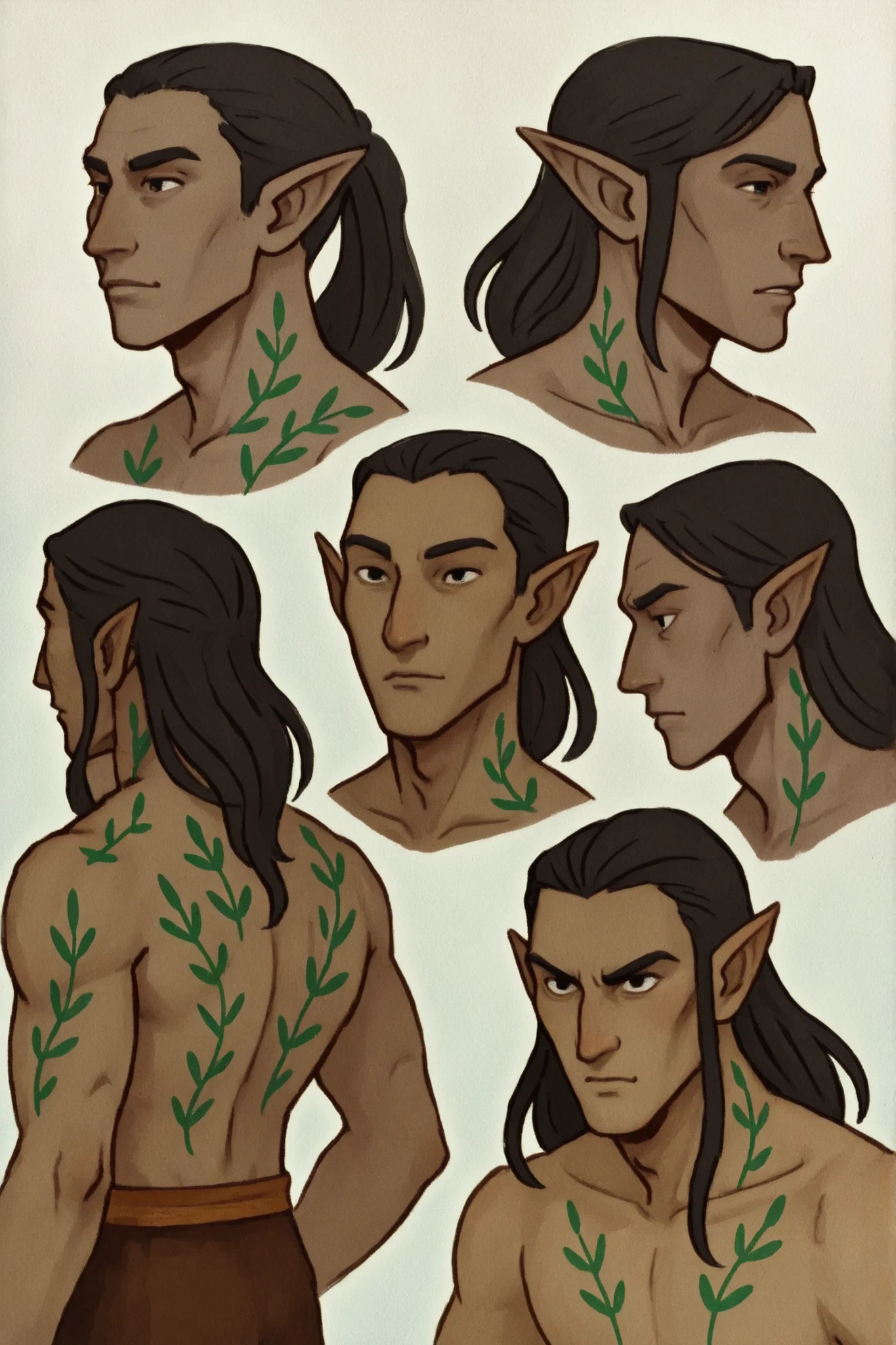 drki, close portrait, 1boy, deep violet skinned character, black hair, detailed face, ethereal atmosphere, white background , fantasy aesthetic, pictorial illustration , pintura a gouache, soft lighting illustration, Arte 2D, folhas, fundo abstrato, obra-prima, melhor qualidade, ComiAesth_ILLS