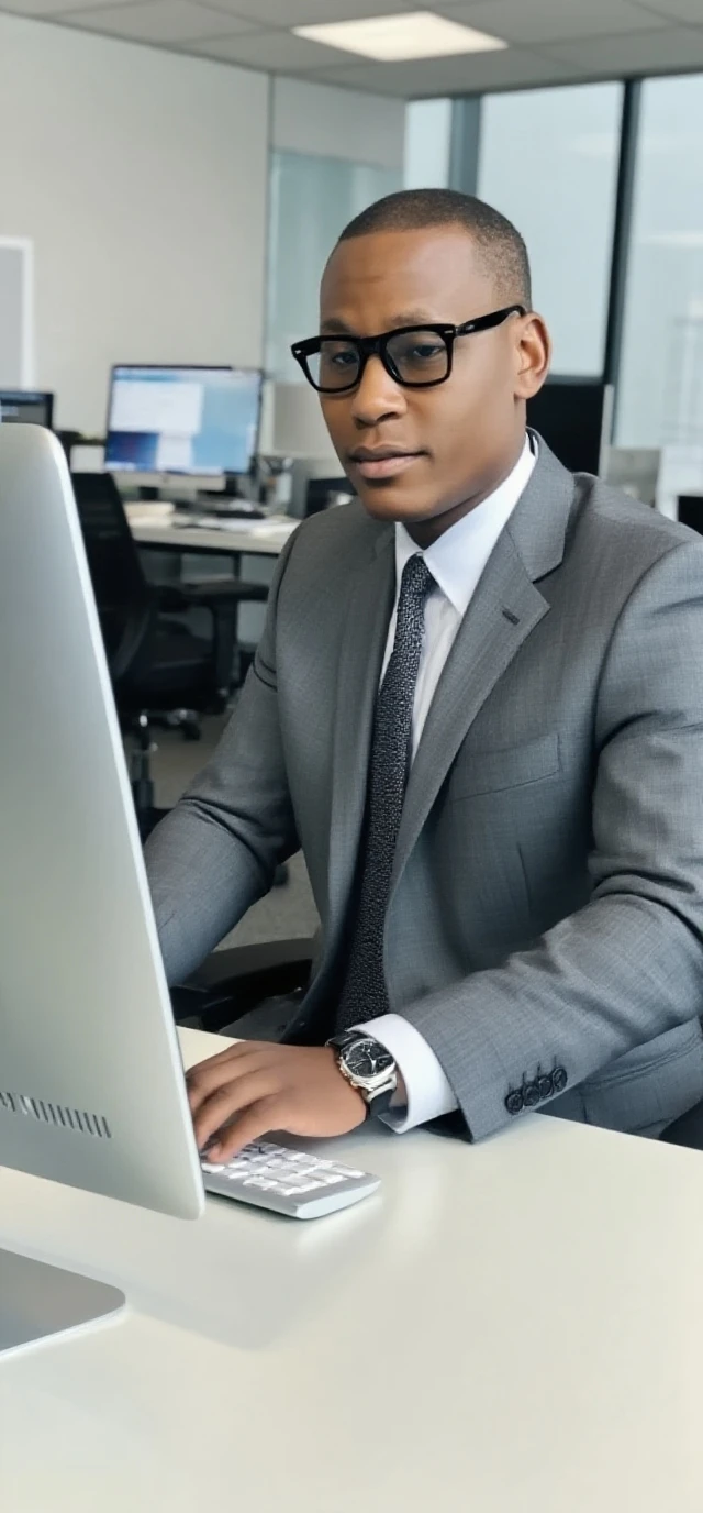 Realistic black professional guy of about 20-25 years old in suit, sitting in an office with low hair cut, facing the camera directly