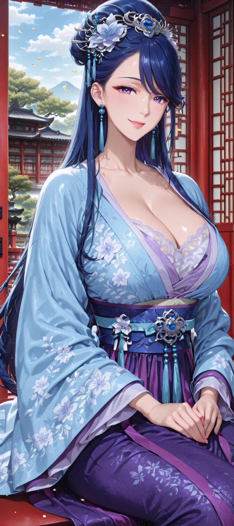 A dark-haired、Long hair that goes down to the waist、Blue eyes、Blue kimono、Beautiful woman with big breasts、Japan garden in the background、The kimono is a little transparent、A slightly shy face、