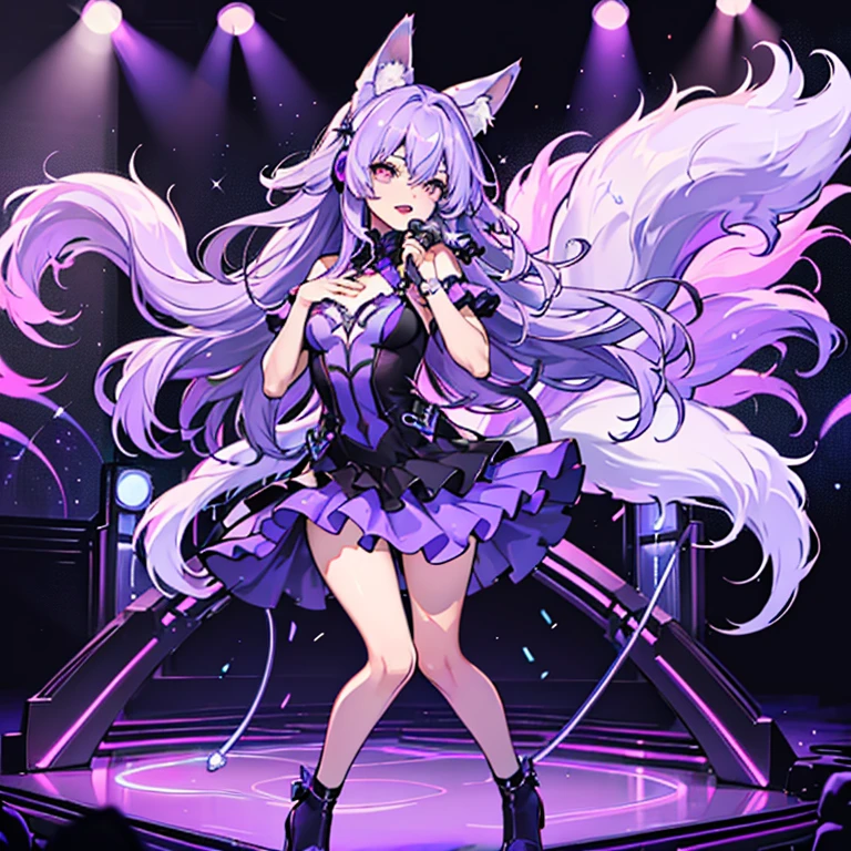 anime girl with long hair and dress holding a microphone, nightcore, anime moe artstyle, official artwork, with index finger, hololive, splash art anime loli, high detailed official artwork, anime visual of a cute girl, anime style 4 k, best anime 4k, anime art wallpaper 8 k, sexy, fit, skinny, medium breasts, purple hair, athletic pose, seductive pose, cleavage
