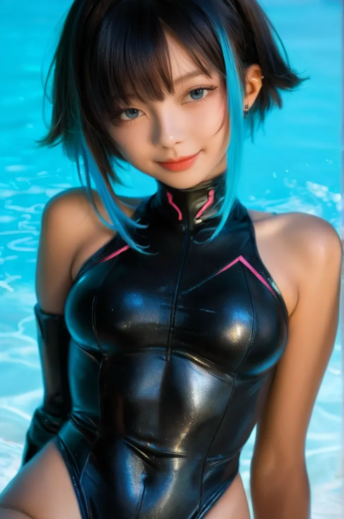 (8K, highest quality, masterpiece:1,2), (realistic, Photoreal:1.37), Super detailed, one girl,), (very detailed), (beautiful detailed eyes), (highest qualityの), (Super detailed ), (masterpiece), (detailed face),20-year-old, ,1 girl, ((green hair,very short hair)), medium breasts, dressed, perfect lighting, break (swimsuit:1.4), one piece, high neck, leggings, tight, rationalize, (color:1.5), indigo, (accessories:1.3), (shiny:1.5)goggles, cap, Earplugs Brake on left side, Hidden behind the right ear, (Performance:1.4), smile, looking at camera, chest out, inside the stomach, spread your legs a little, Put your right leg forward, (background:1.3), Indoor Poolside, Blue Water, Pool wall with lanes and starting blocks, There is no one else, (lit:1.4), Natural light from the ceiling and reflections from the pool, bright, highlights on skin and swimsuit, high contrast