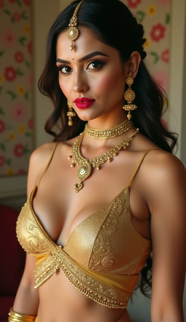 A newly married Pakistani woman lounges gracefully on her bed, draped in a modern, luxurious silk saree that flows elegantly around her. The saree features a contemporary design with intricate details that enhance its opulence. She wears a stylish black blouse and is adorned with exquisite diamond jewelry—sparkling earrings, a statement necklace, and delicate bangles. Her posture and facial expression radiate seduction and boldness, with a confident, flirtatious smile that captivates. The setting is sophisticated and serene, with soft lighting that highlights the elegance of her attire and jewelry.