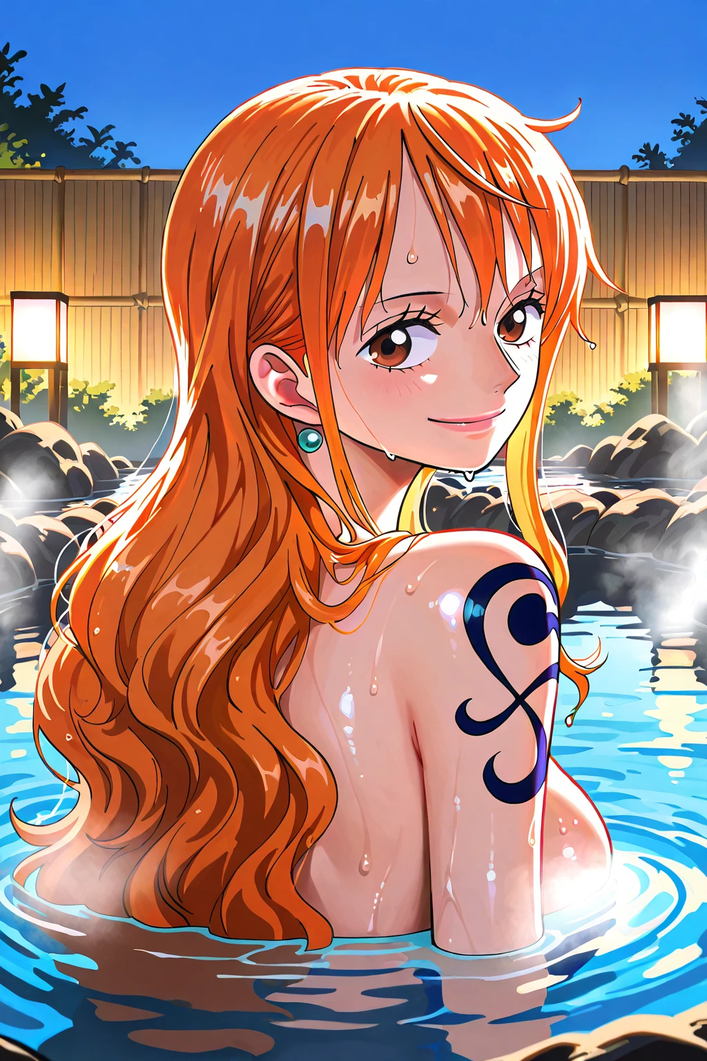 Generar una imagen realista de estilo anime de Nami de One Piece. Captura su apariencia distintiva con cabello naranja, and a cheerful expression. Make sure the picture reflects your adventurous and confident personality as shown in the anime.., cuerpo completo, Plano amplio , NSFW, Curvy athletic body, ojos naranjas, ojos naranjas, armpits, nude, desnudo, bathing, ducha, night, ass, culo
