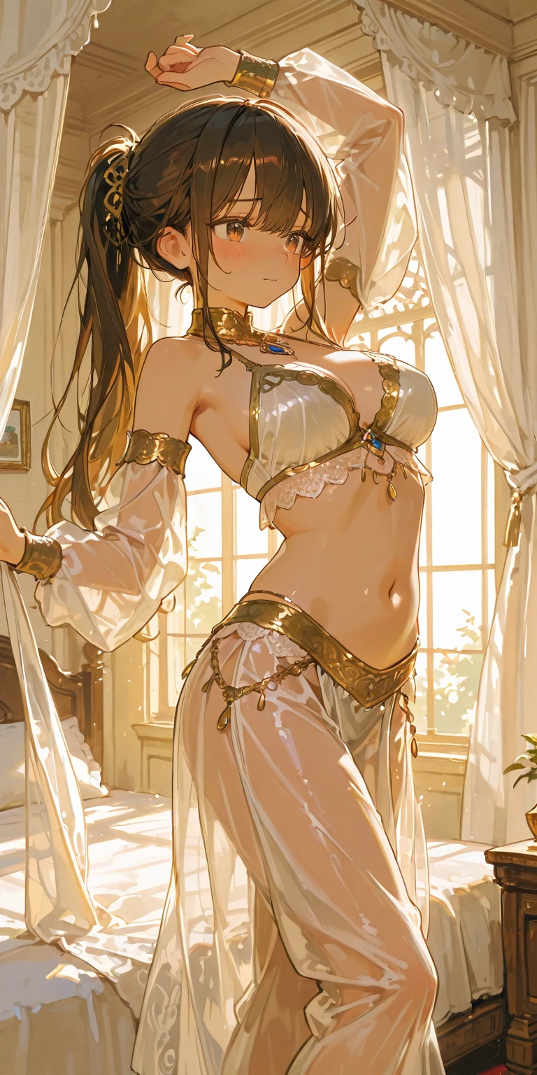 (((depict cute girl))), dance, brown hair, long hair, straigh hair, green eyes, sunshine, small breasts, ((topless)) nice hips, (((light blue transparent veil pajama pants))), ((pretty white panties stick out)), (Masterpiece, Excellent, complex details), delicate girl, delicate face, sumptuous palace, gold and precious stone jewelry