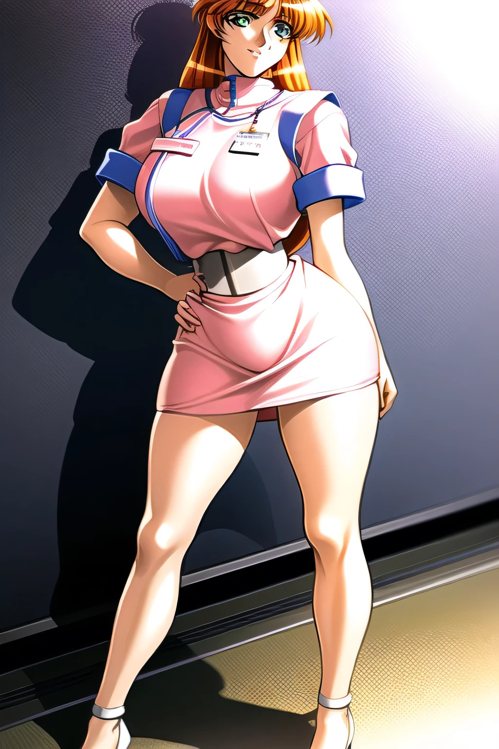 can you draw facial expressions more delicately，リラックスしたnice smileの女性，please draw her expression more delicately，only，Late night hospital,can you draw a woman wearing a nurse costume，Nurse costume with huge white breasts，白いminiskirt，white nurse sandals,standing，More Delicate     な表情が描けるかな，amazing thighs ，Beautiful legs，please relax and smile，nice smile，More Delicate      表現が描けるかな，   beautiful woman with big boobs，，（       orange straight long hair ）,                with big breasts，big breasts but thin waist，using cinematic lighting and ray tracing 。your face is a top priority。，amazing thighs ，Beautiful legsminiskirt女性を描けますか，，miniskirt，High Heels，,More Delicate      